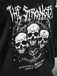 SHEIN ICON 女款大尺碼黑色夏季 Grunge 音樂會日常 Y2K 哥德龐克骷髏圖案鏤空破洞 2 合 1 T恤 音樂節 - 黑色 - 查看 6