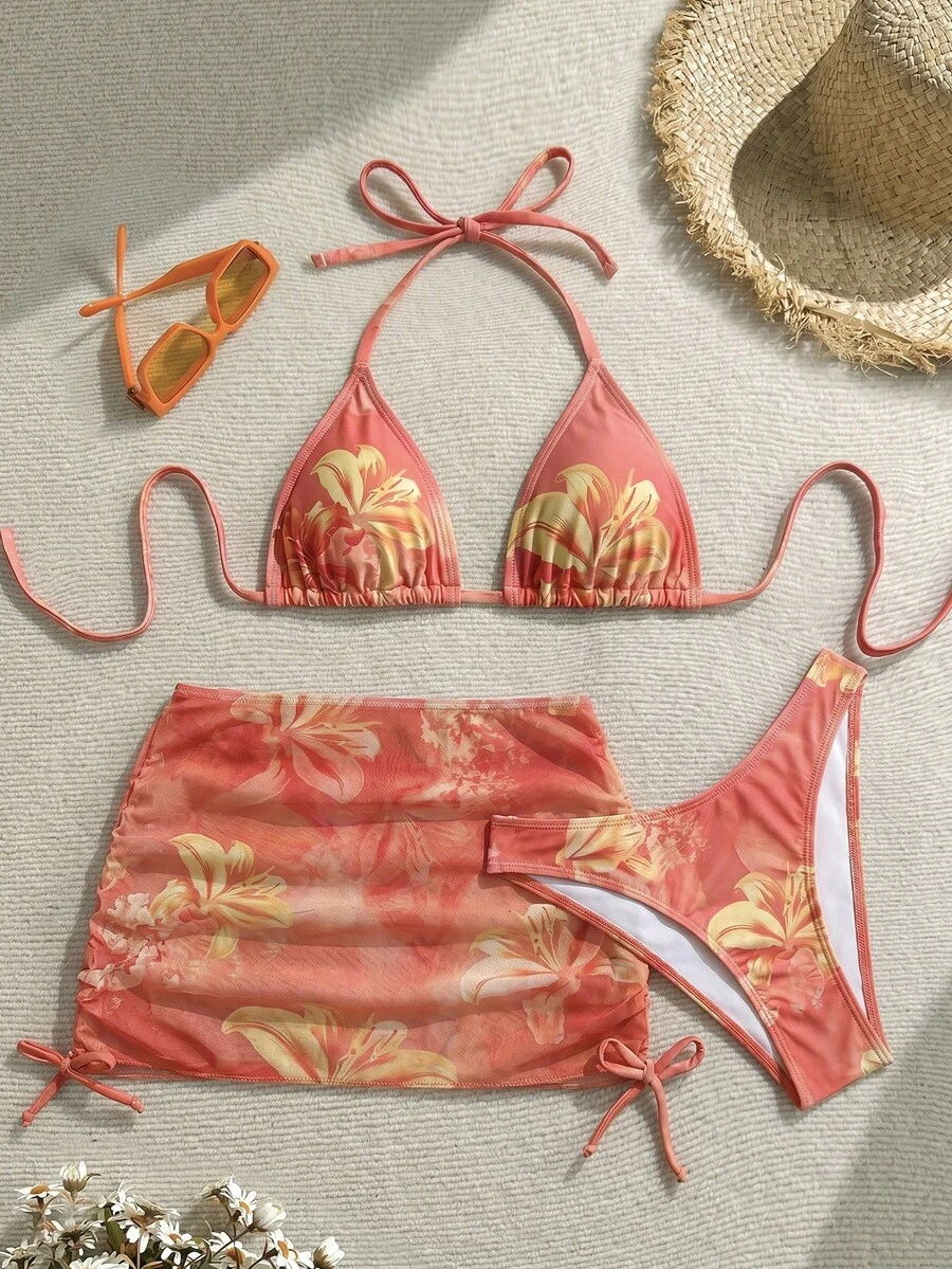 Soleia 女款夏季海灘花卉印花掛脖綁帶性感比基尼三角泳褲泳衣套裝附迷你裙 - 珊瑚橙 - 查看 1