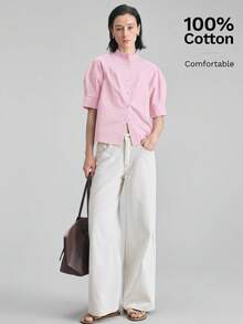 Ontre 淺粉色夏季休閒女式辦公襯衫，梭織布料，泡泡袖，前排鈕扣，寬鬆版型，優雅教師風都市時尚襯衫 - 粉色 - 查看 6