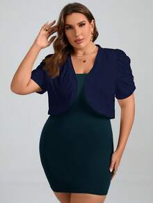 Chikora Chaqueta corta de unicolor con mangas abullonadas y plisadas, talla grande, estilo casual de negocios para mujer - Azul Marino - Ver 6
