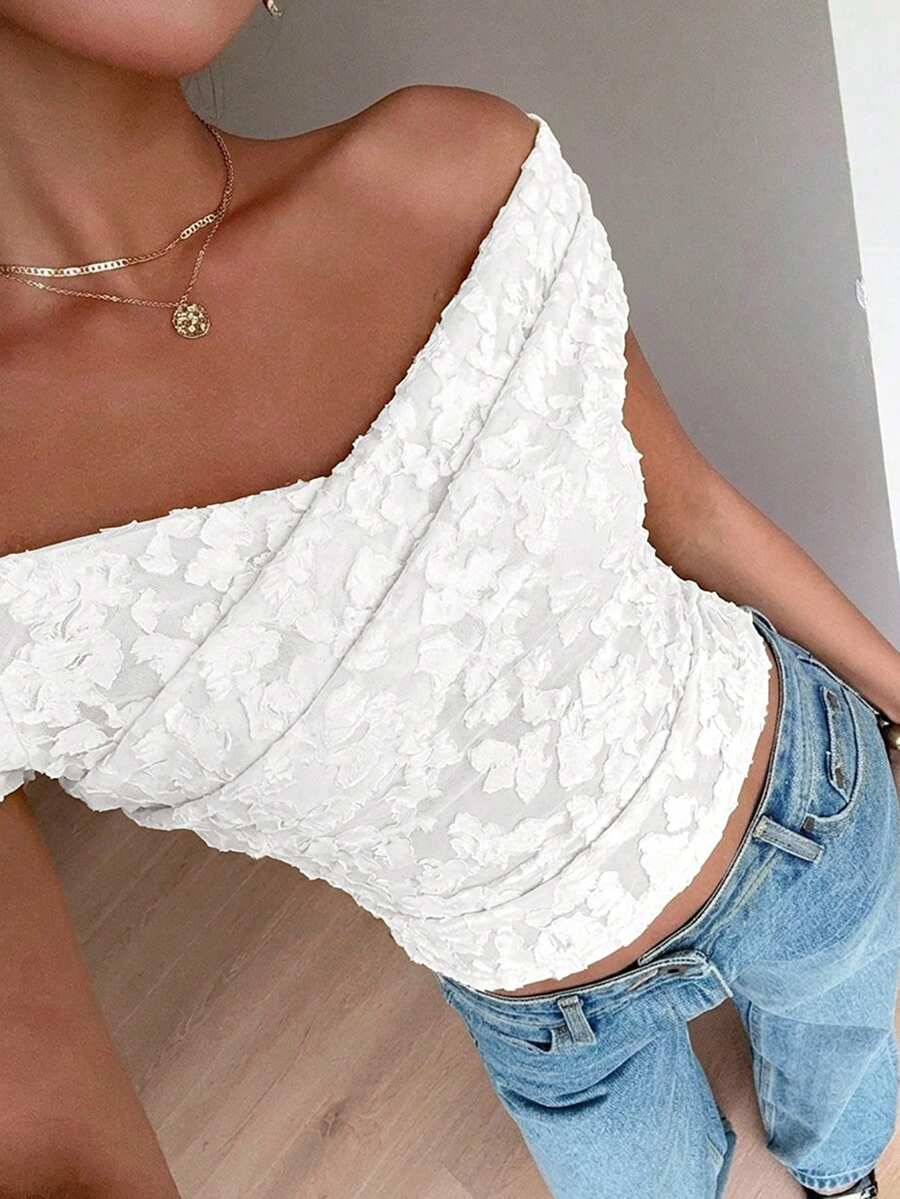 Siren Gaze Áo thun nữ cổ chéo họa tiết hoa dệt jacquard màu trắng, phong cách casual tối giản, gợi cảm, thanh lịch, lãng mạn vintage, trang phục đi làm, đi biển, đi chơi mùa hè cho nữ - trắng - Xem 1
