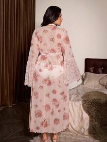 Slumberist Plus Size Loose Lace Trim Long Printed Mesh Robe - White - View 2