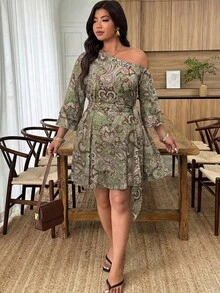 Weeklong Plus Size Women's Spring/Summer Asymmetric Neckline Cold Shoulder Bohemian Print Ruffle Sleeve Button-Up Waist Belt Tie A-Line Short Dress - Multicolor - View 3