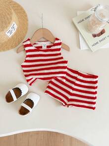 SHEIN LMoss Kids Baby Girl Casual Summer Cute Striped Tank Top And Elastic Waist Shorts Set - Red and White - View 3