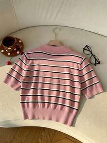 SHEIN EZwear Top de punto a rayas casual para mujer, estilo vintage americano, top de punto universitario americano - Multicolor - Ver 3