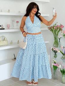 SHEIN EZwear Plus Size Light Blue Polka Dot Print Women Ruffle Hem A-Line Skirt - Baby Blue - View 5