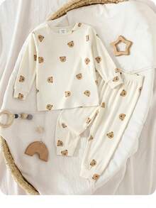 Baby Boy Cute Casual Fitted Cartoon Pattern Knit Long Sleeve Loungewear Set - Multicolor - View 8
