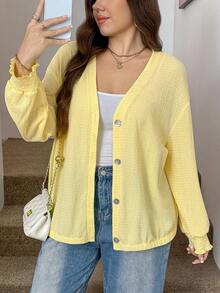 SHEIN LUNE 大尺碼女款素色單排扣V領落肩長袖夾克外套 - 黃色 - 查看 4