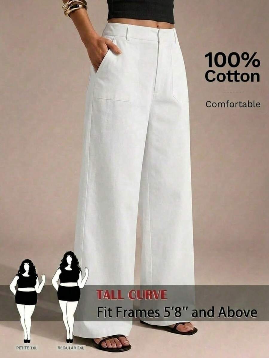 SHEIN Tall CURVE CURVE 大尺碼女款高個純白色寬腿長褲,高腰棉質休閒基礎款,適合夏季度假與優雅通勤辦公 - 白色 - 查看 1