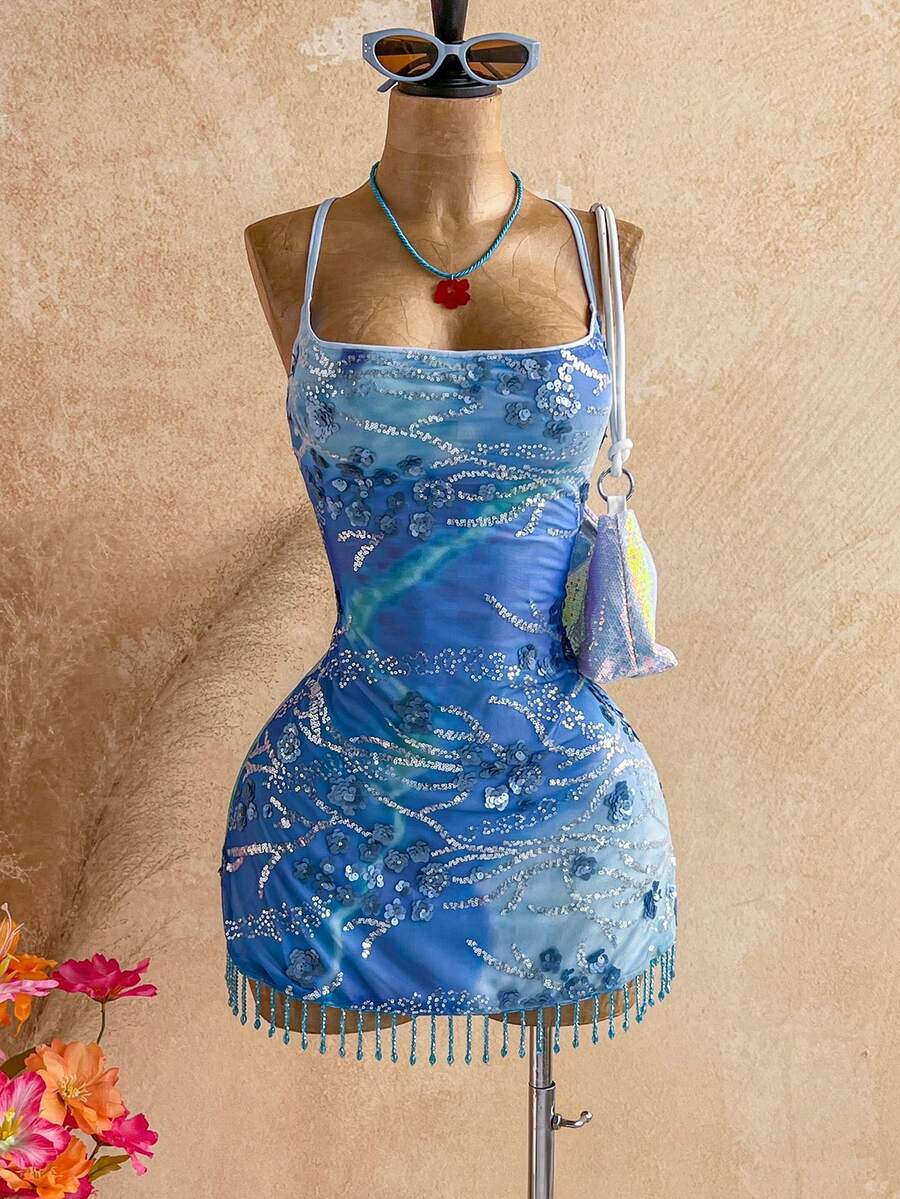 Soleia Holiday Leisure Red Watercolor Flowers Summer Vacation Draped Neck Cami Dress - Blue - View 1