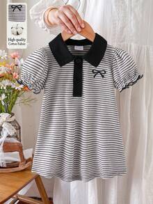 SHEIN 女嬰休閒可愛蝴蝶結刺繡紋理黑白格紋 Polo 領前片裝飾泡泡袖洋裝，適合夏季休閒穿著 - 黑色 - 查看 3