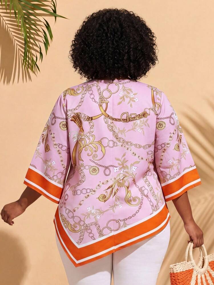 Plus Size Women's Striped Chain Contrast Color Asymmetrical Hem Shirt