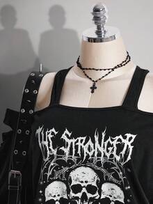 SHEIN ICON 女款大尺碼黑色夏季 Grunge 音樂會日常 Y2K 哥德龐克骷髏圖案鏤空破洞 2 合 1 T恤 音樂節 - 黑色 - 查看 9