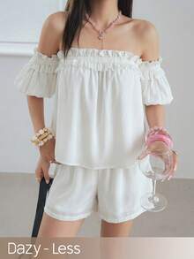 DAZY Conjunto de 2 piezas de blusa romántica con hombros descubiertos, volantes blancos y ribete de oreja de madera, corte holgado para mujer, primavera-verano - Blanco - Ver 1