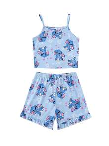 4pcs/Set Girls Cute Cartoon Otter, Teddy Bear, Heart, Number 67, Rabbit, Tie-Dye Gradient, Solid Color, Cartoon Print Sleeveless Camisole Top With Ruffled Hem Shorts Pajama Set, Comfortable Soft Knit Fabric, Casual Daily Wear For Spring/Summer - Multicolor - View 14