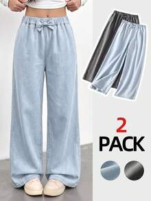 SHEIN 2pcs Tween GirlsJeans Set, Front Waist Bow Decor Design, Sweet & Minimalist, Casual Versatile, Elastic Waist Straight Leg Pants, Soft Cotton Blend Light Blue + Grey Washed Denim Fabric, Suitable For Daily Wear & Vacation - Multicolor - View 3