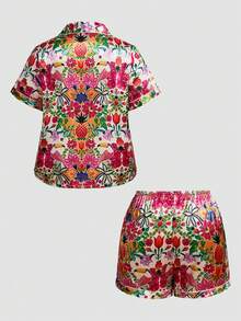 Chillnights Ensemble de pyjama pour femmes grande taille, col à revers, ouverture devant, imprimé oiseau, plante, floral et ananas, jeune, énergique et intéressant - Multicolore - Voir 2