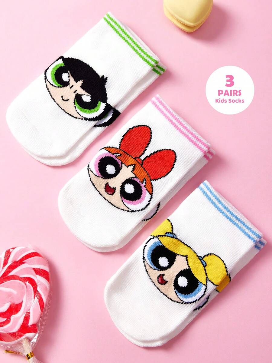 THE POWERPUFF GIRLS X SHEIN 3雙兒童中筒棉襪,簡約百搭白色學生襪,柔軟透氣吸濕,可愛卡通加強趾跟耐磨,男女童日常室內外通用四季款 - 白色 - 查看 1