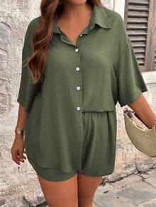 SHEIN Tall CURVE 夏季纯色宽松休闲短袖 Polo 衫套装，带口袋和抽绳短裤，大码 - 軍綠色 - 查看 5