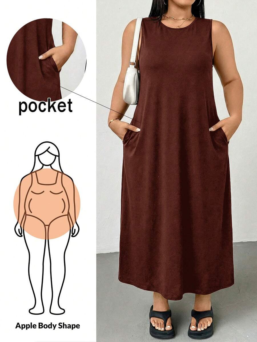 Shapeblank 大尺碼女款春夏時尚休閒寬鬆舒適日常基本百搭顯瘦黑色無袖口袋長洋裝，夏季穿搭，黑色洋裝，簡約風格，輕盈洋裝