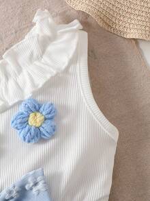 SHEIN Baby Girl Fashion Elegant Asymmetric Shoulder 3D Floral Bow Romper Summer - Blue - View 4