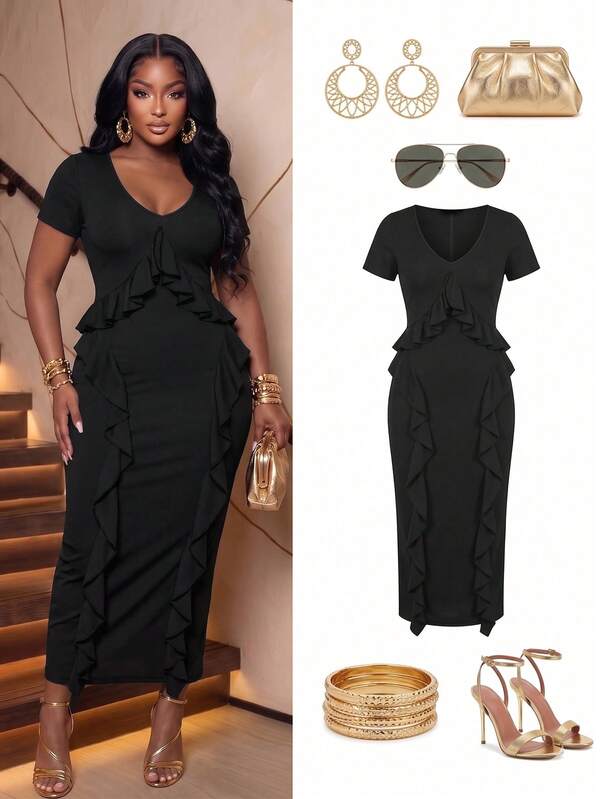 Poshavie Poshavie Đầm maxi bodycon size lớn viền bèo cho nữ, tay ngắn cổ chữ V co giãn ôm sát, đầm mùa hè thanh lịch cho quý cô châu Phi đầy đặn, mặc hàng ngày & dự tiệc