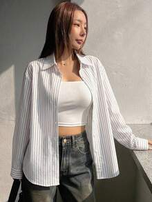 DAZY 女款寬鬆白色領長袖白色底黑條紋鈕扣襯衫，適合通勤、夏季與秋季 - 白色 - 查看 4