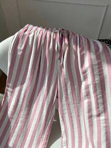 SHEIN EZwear 女士粉色抽绳休闲宽松条纹裤，百搭 - 粉色 - 查看 4