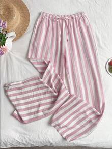 SHEIN EZwear 女士粉色抽绳休闲宽松条纹裤，百搭 - 粉色 - 查看 5