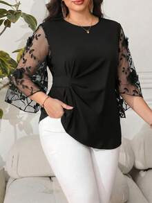 Reflora Plus Size Elegant Commuter Shirt With 3D Floral Decor, Embroidery And Mesh Panels Fall - Black - View 3