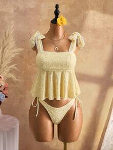 Bellisia Summer Women's Spaghetti Strap Bikini Top With Textured Ruched Fabric, Lace Trim Straps And Adjustable Side Tie Bottoms, Beach Swimsuit Set - Yellow - View 1