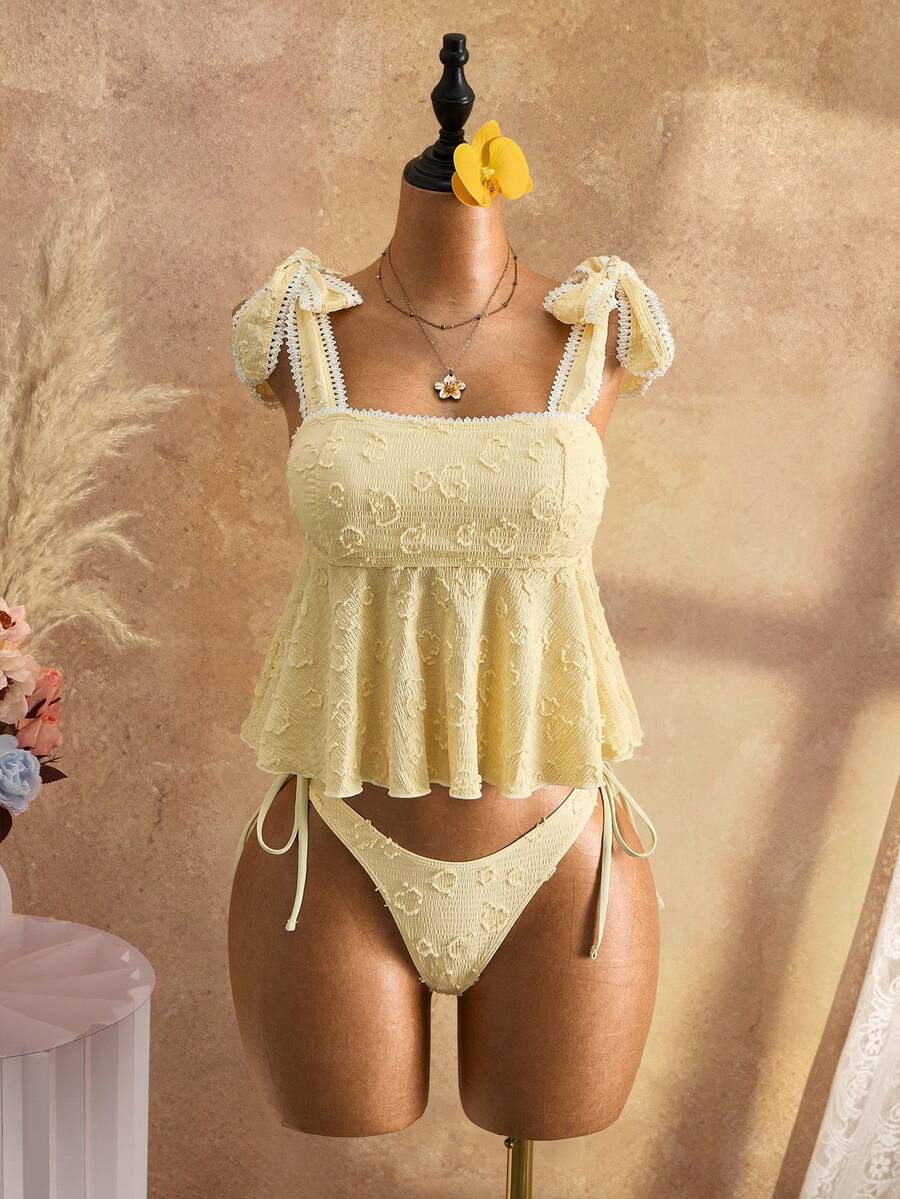 Bellisia Summer Women's Spaghetti Strap Bikini Top With Textured Ruched Fabric, Lace Trim Straps And Adjustable Side Tie Bottoms, Beach Swimsuit Set - Yellow - View 1