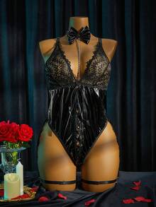 SpicyHot 2pcs Plus Size Sexy Lingerie Bodysuit Set,Sexy Lingerie For Women,Adult,Honeymoon,Hot,Date Night,Lingerie,Playsuit, Lace Sexy Outfit - Black - View 1