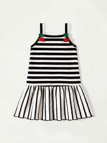 Maija Kids Maija Kids 1件少女休閒優雅精緻寬鬆黑白條紋細肩帶洋裝，適合日常穿著、返校、外出、聚會、假日派對、春夏季 - 黑色 - 查看 3