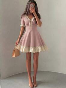 Mulvari Women's Spring/Summer Knit Black Short Sleeve Mixed Woven Ruffle Waist A-Line Elegant Romantic Dress Summer Dresses - Dusty Pink - View 3