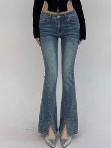 Joudiya Solid Slit Hem Flare Leg Jeans - Blue - View 11