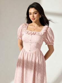 Modelyn Đầm midi nữ cổ vuông, eo bèo nhún, tay ngắn phồng, màu đỏ rượu vang họa tiết chấm bi - Màu Hồng baby - Xem 3