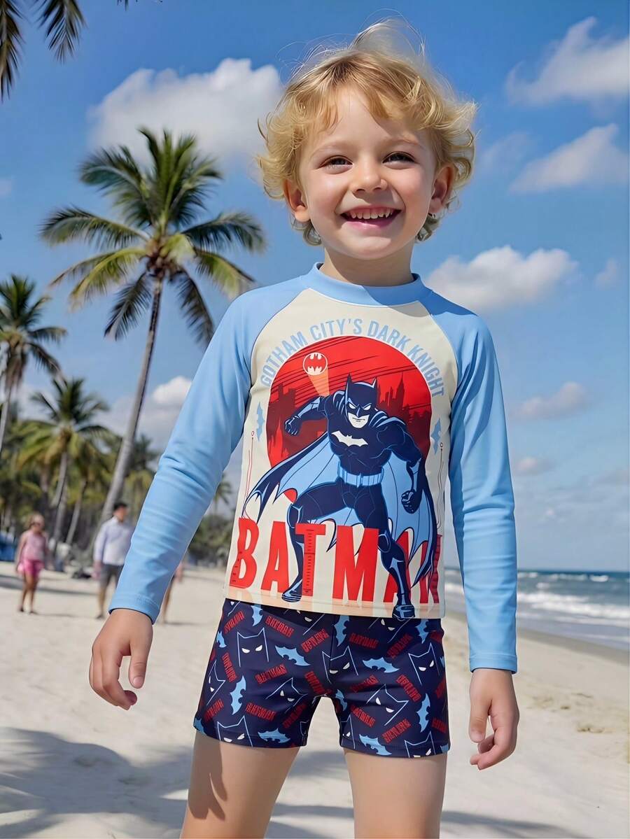 BATMAN X SHEIN GraphicGems Young Boy Collaboration Printed Long Sleeve Rash Guard And Matching Printed Swim Trunks, Suitable For Summer Beach, Swimming Pool Party - Multicolor - View 1