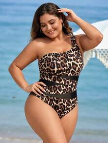 Swim Lushoire Plus Size Summer Vacation Beach Vacation Sexy Leopard Print Contrast Mesh One Shoulder One-Piece Swimsuit Beige - Multicolor - View 3