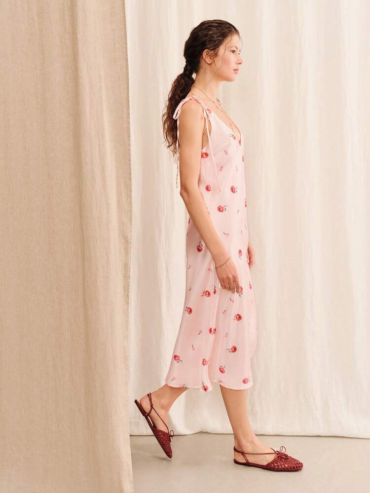 Flowy Pale Pink Satin Midi Dress With Floral Print, Tie Straps, And A V-Neckline Summer Vacation