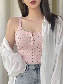 DAZY 女款夏季休閒可愛波點印花細肩帶圖案T恤 Y2K 日常紅黑波點約會風 - 粉色 - 查看 2