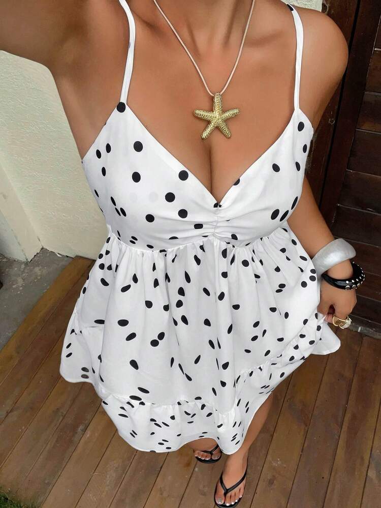 Dazy Plus Polka Dot Vacation Style Casual Beach Mini Skirt White Backless Sexy Spaghetti Strap Dress Casual Women Spring Summer Dress