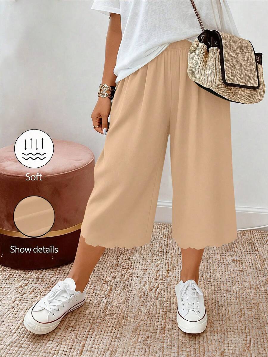 SHEIN PETITE CURVE 大尺碼女款休閒抽繩腰針織七分褲 - 卡其色 - 查看 1