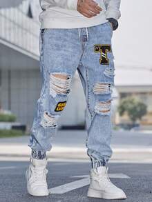 Manfinity Roughcore Men Cotton Letter Patched Ripped Jogger Jeans,Slim Fit Aqua Blue Acid Wash Cargo Jeans,Summer Streetwear For City Break,Husband Boyfriend Gifts - Light Wash - View 1