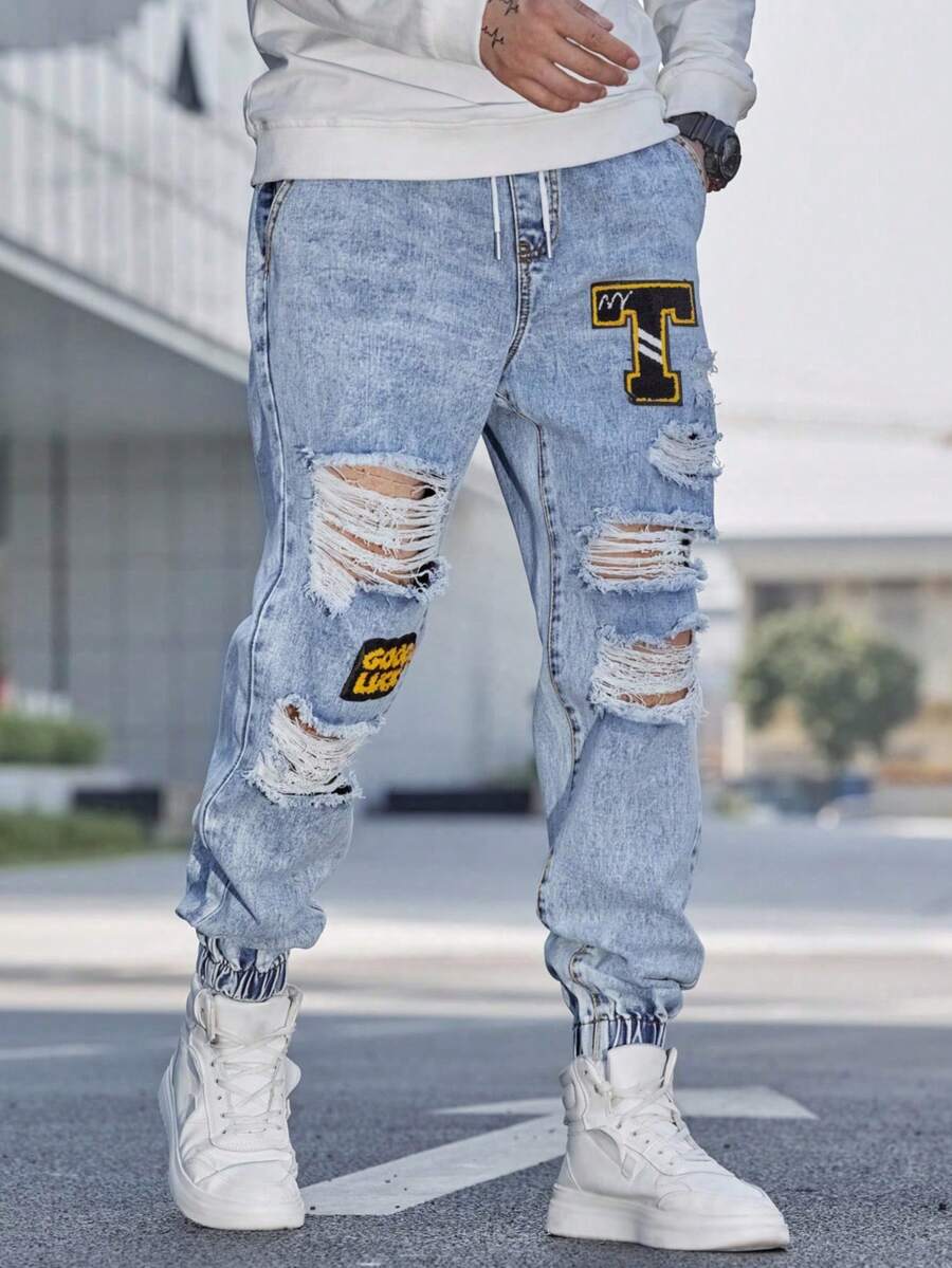 Manfinity Roughcore Men Cotton Letter Patched Ripped Jogger Jeans,Slim Fit Aqua Blue Acid Wash Cargo Jeans,Summer Streetwear For City Break,Husband Boyfriend Gifts - Light Wash - View 1