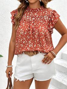 Ceyna Plus Size Women's Ditsy Floral Mandarin Collar Ruffle Trim Cap Sleeve Blouse Vacation Carribean White Summer Boho - Red - View 4