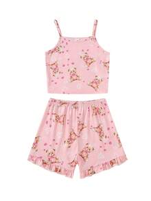 4pcs/Set Girls Cute Cartoon Otter, Teddy Bear, Heart, Number 67, Rabbit, Tie-Dye Gradient, Solid Color, Cartoon Print Sleeveless Camisole Top With Ruffled Hem Shorts Pajama Set, Comfortable Soft Knit Fabric, Casual Daily Wear For Spring/Summer - Multicolor - View 11