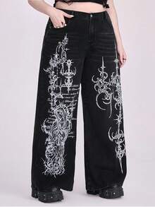 ROMWE Grunge Punk Celana Jeans Wanita Ukuran Besar Model Lurus Ekstra Panjang Motif Punk dengan Duri dan Salib Bunda Maria, Cetakan Inggris. - Hitam - View 4