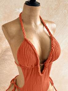 Soleia Women's Deep V-Neck Vertical Striped Textured Halter Neck Tie One-Piece Swimsuit - Burnt Orange - View 3