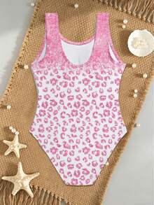 SHEIN Maiô infantil de uma peça com estampa de leopardo, ideal para férias na praia, festas na piscina e festas na praia. - Multicolorido - Ver 2